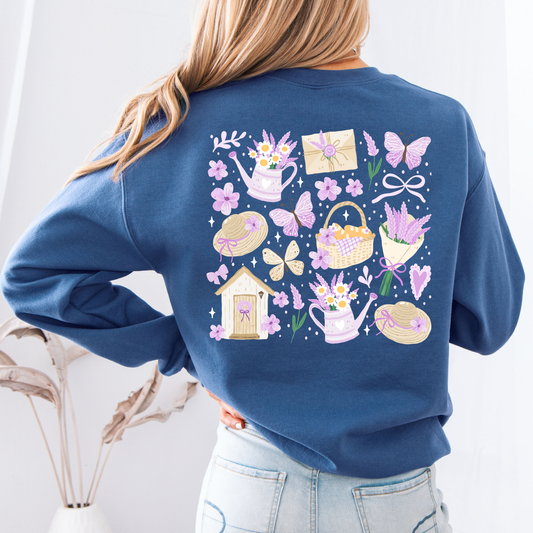 Lavender-Themed Indigo Blue Sweatshirt with Books, Teapot & Bread Basket | Cottagecore Cozy