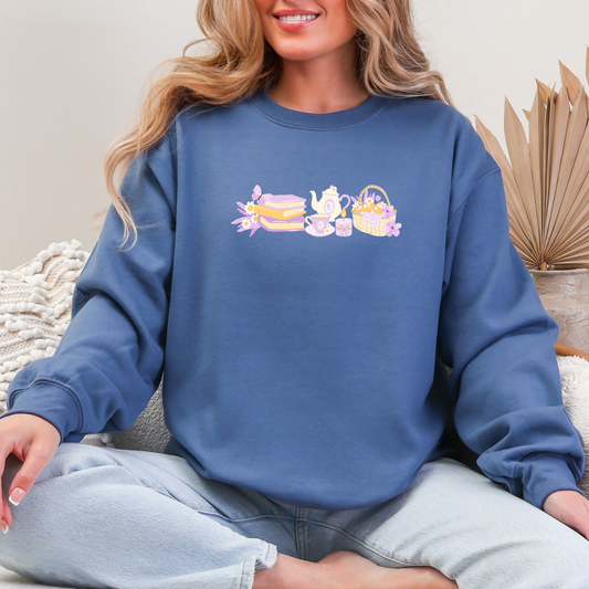 Lavender-Themed Indigo Blue Sweatshirt with Books, Teapot & Bread Basket | Cottagecore Cozy