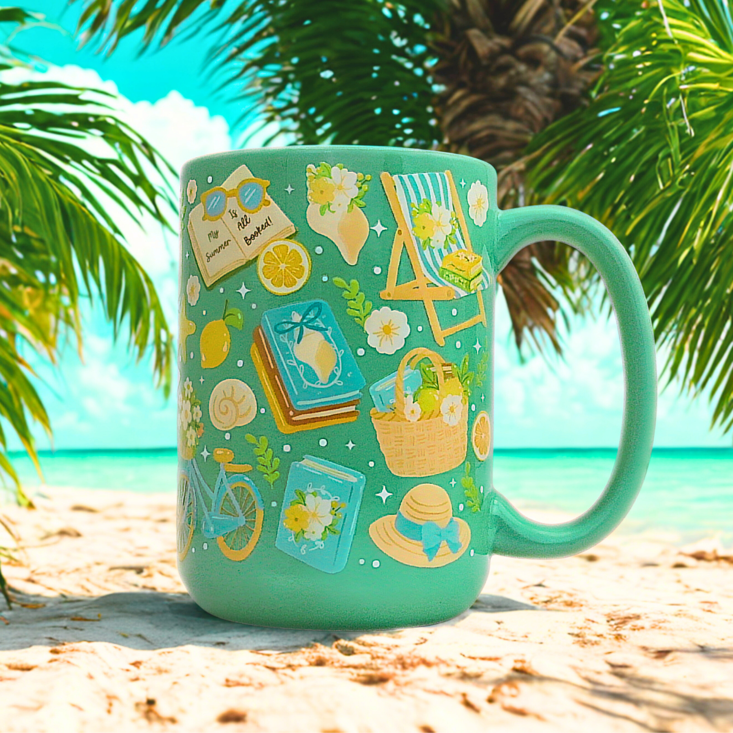 My Summer is all Booked Ceramic Mug with Gift Box | 15oz Ceramic Mug | Summer Book Lemon Girly Beach Vibes Summer Design | Book Lover Gifts