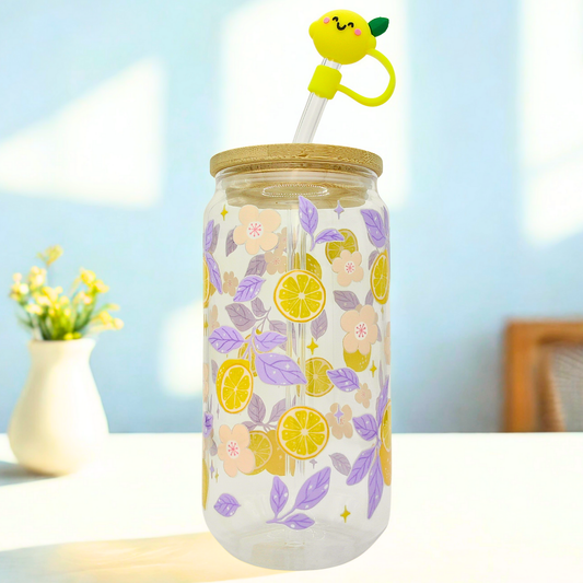 Double sided Lemon Bliss Glass Can with Bamboo Lid, Straw topper & Gift Box | 18oz Iced Coffee Cup | Eco-Friendly - Reusable | Gift for her
