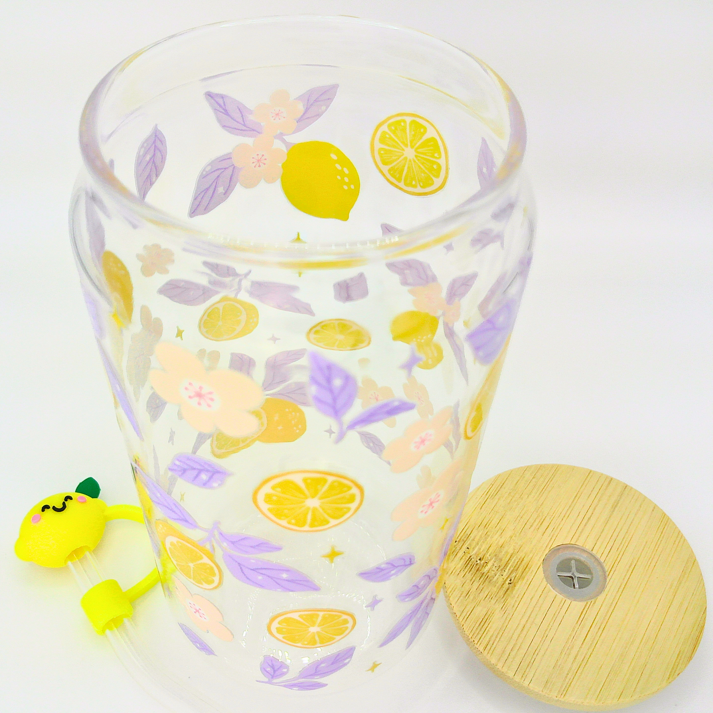 Double sided Lemon Bliss Glass Can with Bamboo Lid, Straw topper & Gift Box | 18oz Iced Coffee Cup | Eco-Friendly - Reusable | Gift for her