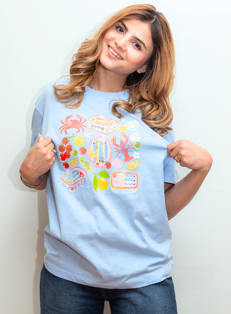 20% OFF Coastal Vibes Light Blue Boxy Tee | Fisherman & Seaside Design | 100% Cotton Made in Canada