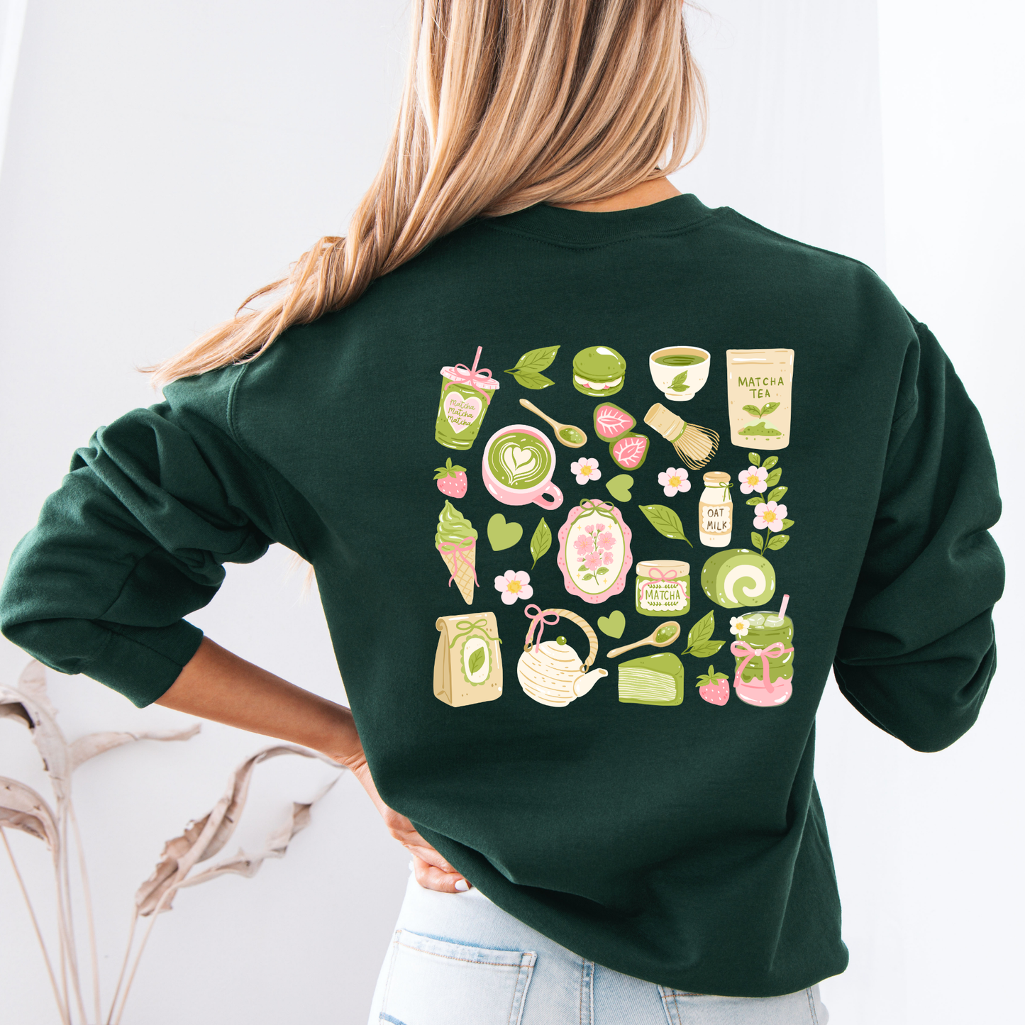 Green Matcha Sweatshirt with Tea & Dessert Design | Cozy Matcha Lover Gift