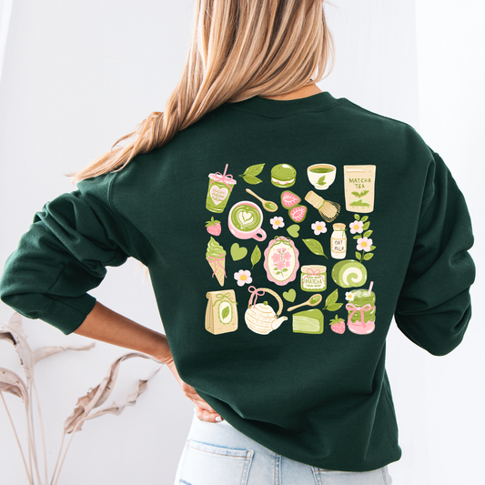 Green Matcha Sweatshirt with Tea & Dessert Design | Cozy Matcha Lover Gift