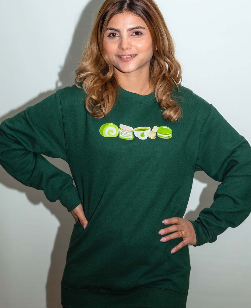 Green Matcha Sweatshirt with Tea & Dessert Design | Cozy Matcha Lover Gift