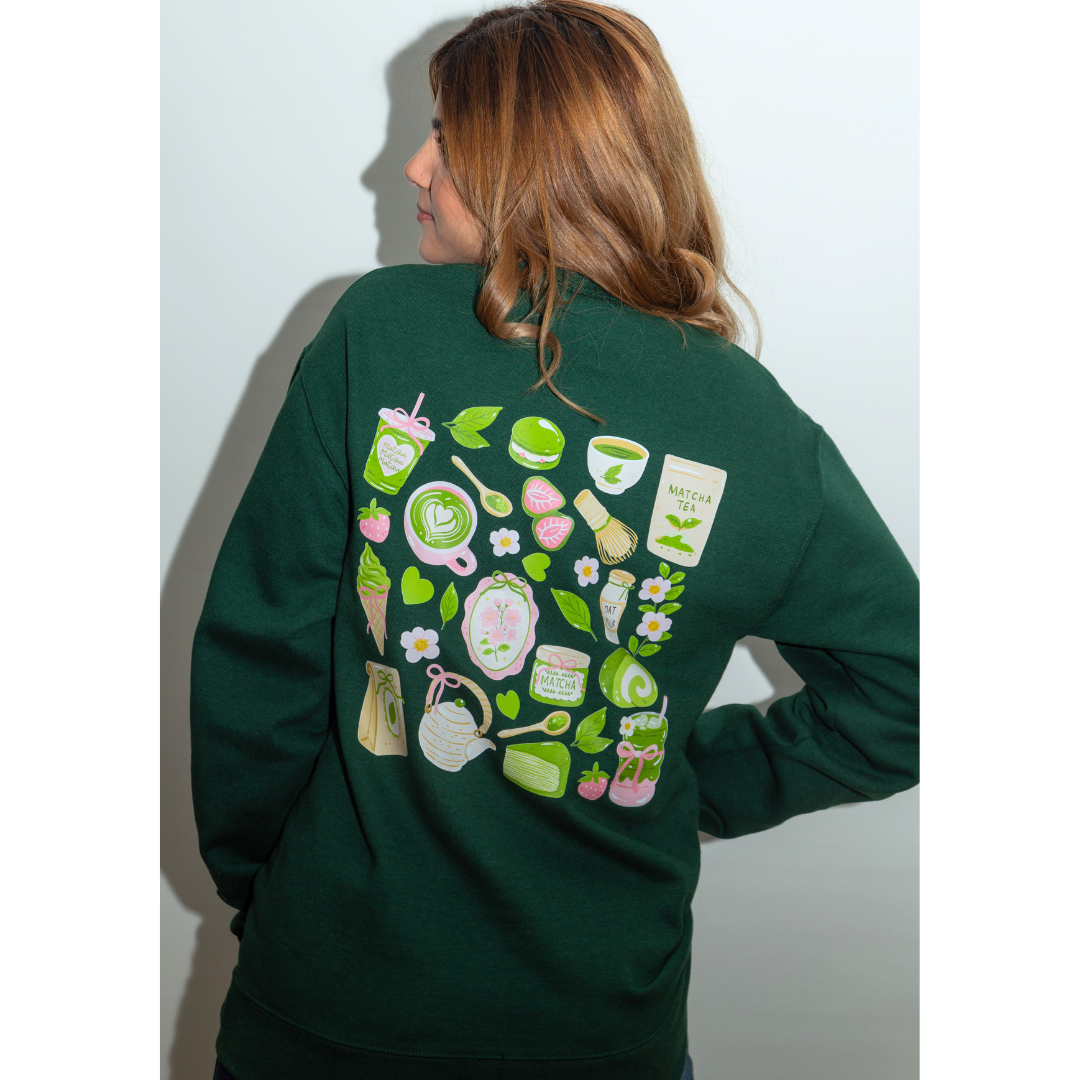 Green Matcha Sweatshirt with Tea & Dessert Design | Cozy Matcha Lover Gift