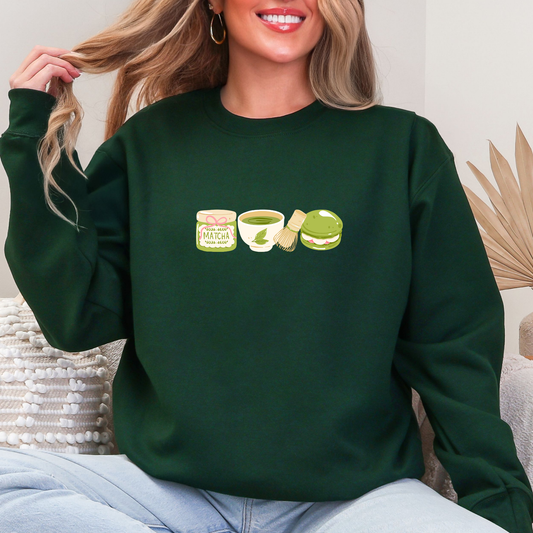 Green Matcha Sweatshirt with Tea & Dessert Design | Cozy Matcha Lover Gift