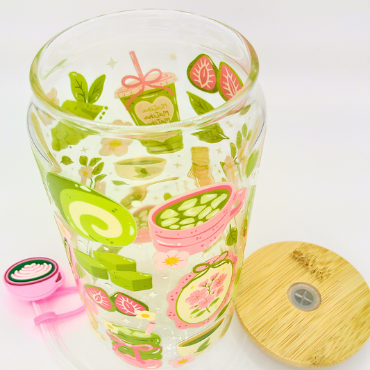 Matcha Girly Glass Can with Bamboo Lid, Straw topper & Gift Box | 18oz Iced Coffee Cup | Eco-Friendly - Reusable | Gift for her
