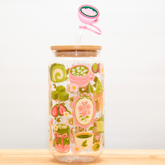 Double-Sided Matcha Girly Glass Cup Set 18oz | Whimsical Tea Design with Gift Box