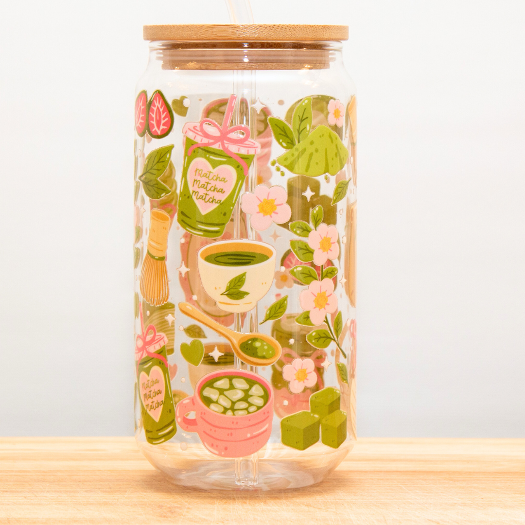 Double-Sided Matcha Girly Glass Cup Set 18oz | Whimsical Tea Design with Gift Box