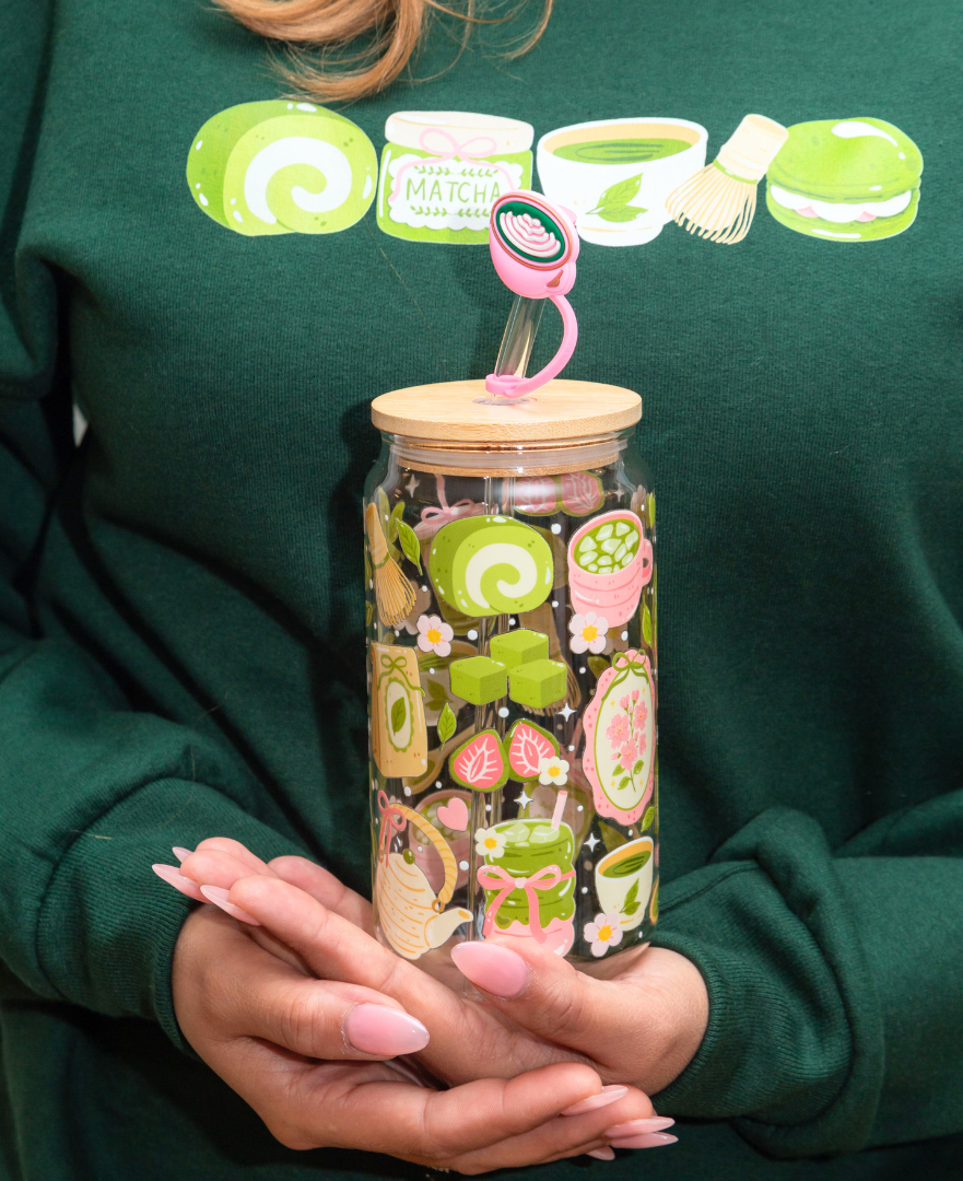Double-Sided Matcha Girly Glass Cup Set 18oz | Whimsical Tea Design with Gift Box