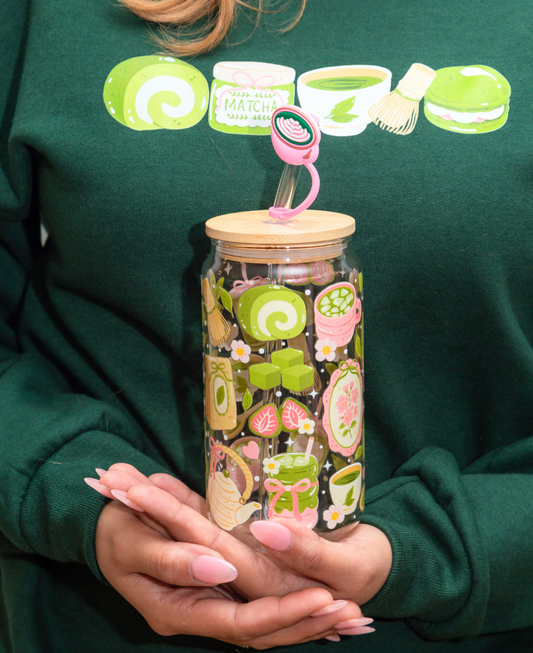 Double-Sided Matcha Girly Glass Cup Set 18oz | Whimsical Tea Design with Gift Box