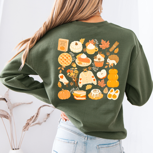 Cozy Fall Vibes Green Crewnecks, pumpkin pie, books, pumpkin spices