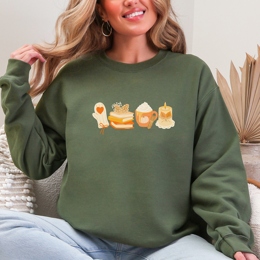 Cozy Fall Vibes Green Crewnecks, pumpkin pie, books, pumpkin spices