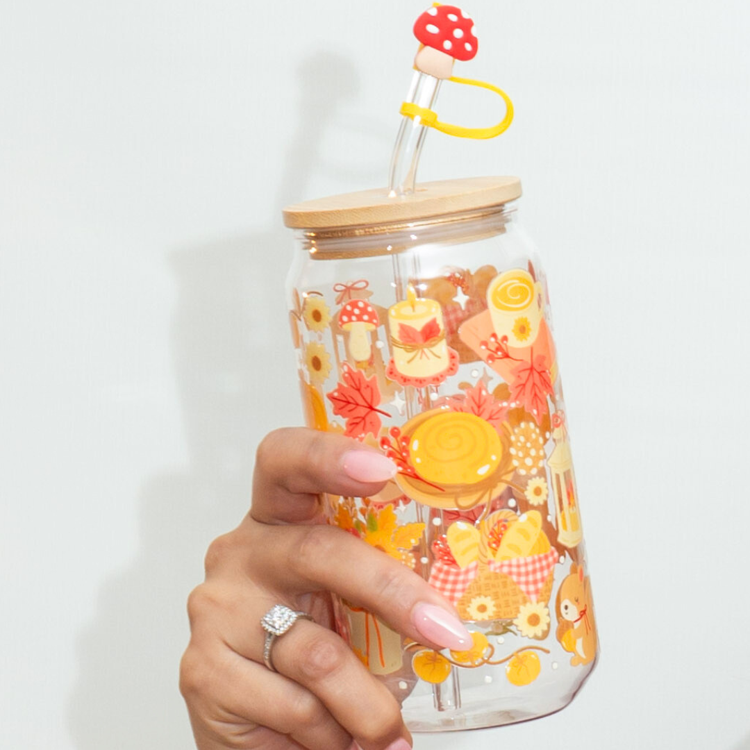 20% OFF Double-Sided Fall Pumpkin Mushroom Glass Cup Set 18oz | Cozy Autumn Design with Gift Box