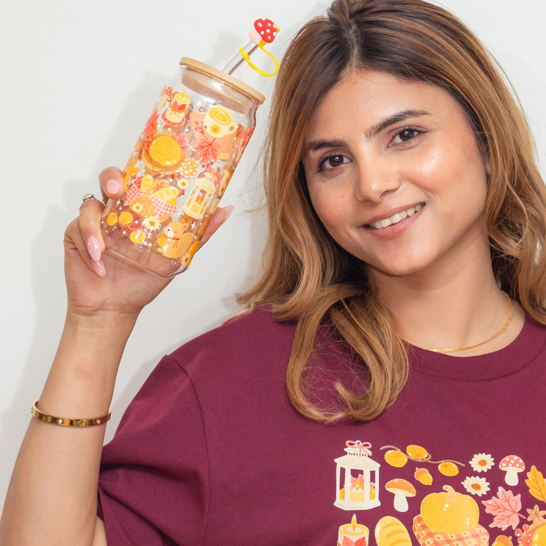 20% OFF Double-Sided Fall Pumpkin Mushroom Glass Cup Set 18oz | Cozy Autumn Design with Gift Box