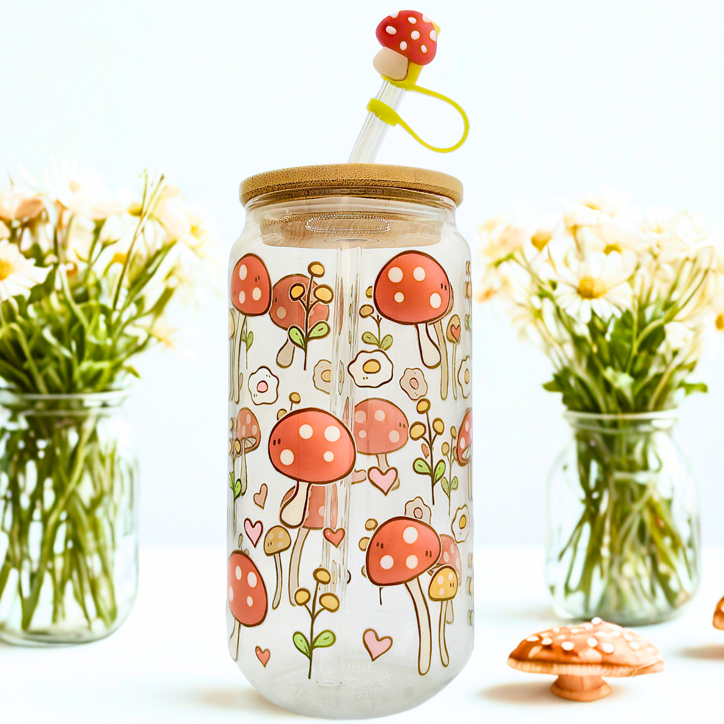 25% OFF Double sided Cute Mushroom Glass Can with Bamboo Lid, Straw topper & Gift Box | 18oz Iced Coffee Cup | Eco-Friendly - Reusable | Gift for her