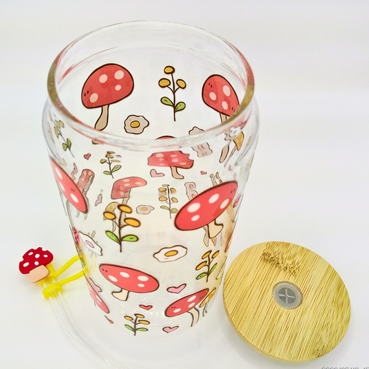 25% OFF Double sided Cute Mushroom Glass Can with Bamboo Lid, Straw topper & Gift Box | 18oz Iced Coffee Cup | Eco-Friendly - Reusable | Gift for her