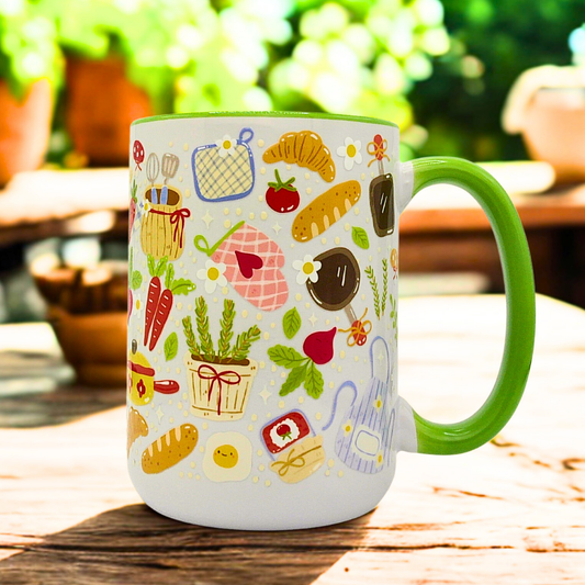 Cottagecore Kitchen Ceramic Mug with Gift Box | 15oz Ceramic Mug | Cute Cooking Apron, Herbs, Carrots, Bread, Pot Design | Gift for her
