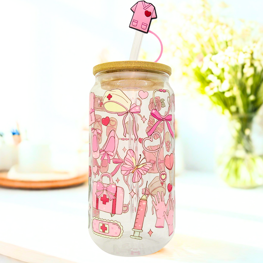 Double sided Nurse Glass Can with Bamboo Lid, Straw topper & Gift Box | 18oz Iced Coffee Cup | Eco-Friendly - Reusable | Gift for Nurse