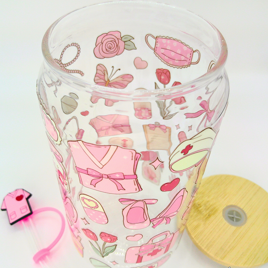 Double sided Nurse Glass Can with Bamboo Lid, Straw topper & Gift Box | 18oz Iced Coffee Cup | Eco-Friendly - Reusable | Gift for Nurse