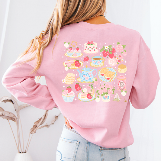 Pink Cottagecore Sweatshirt: Afternoon Tea with books
