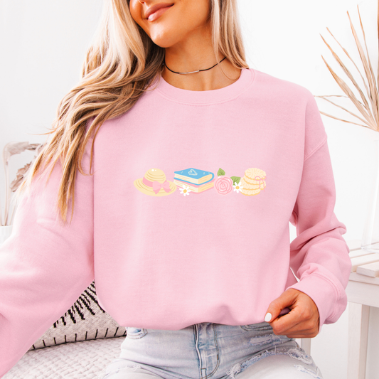 Pink Cottagecore Sweatshirt: Afternoon Tea with books