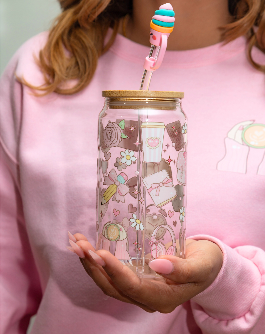 20% OFF Double-Sided Girly Pink Glass Cup Set 18oz | Reusable Straw & Gift Box
