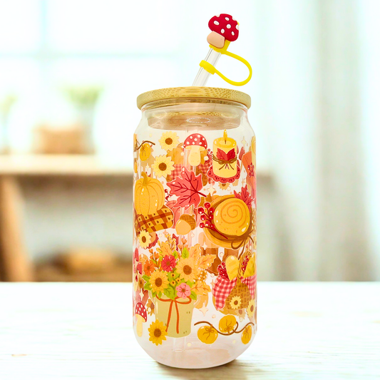 25% OFF Fall Pumpkin Mushroom Glass Can with Bamboo Lid, Straw topper & Gift Box | 18oz Iced Coffee Cup | Eco-Friendly - Reusable | Gift for Her