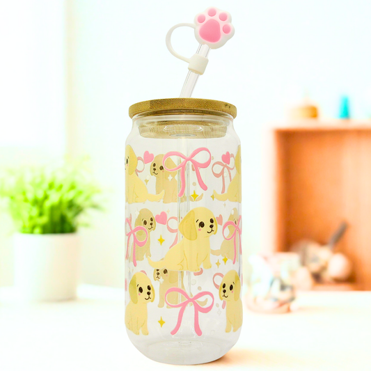 25% OFF Double sided Puppies with Bow Glass Can with Bamboo Lid, Straw topper & Gift Box | 18oz Iced Coffee Cup | Eco-Friendly - Reusable | Gift for Dog Lover
