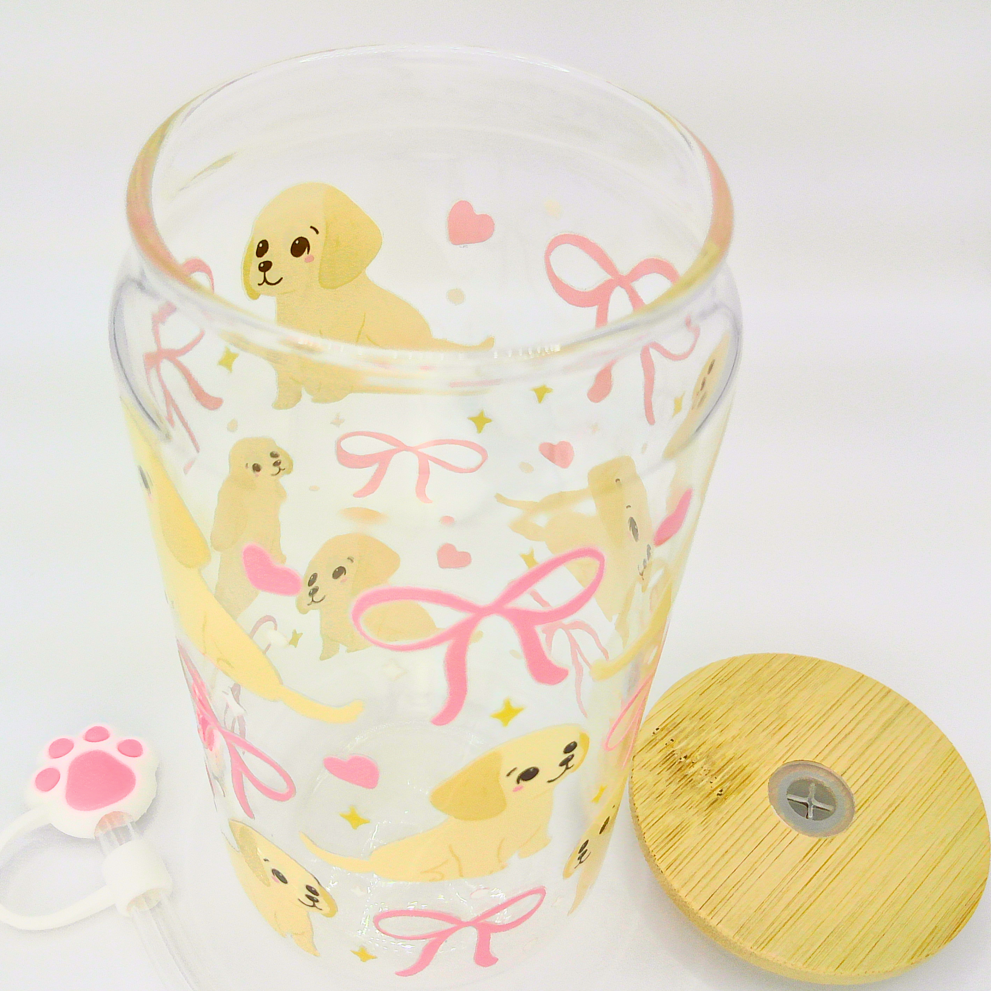 PUPPIES WITH PINK BOW Glass Can Cup
