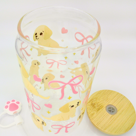 25% OFF Double sided Puppies with Bow Glass Can with Bamboo Lid, Straw topper & Gift Box | 18oz Iced Coffee Cup | Eco-Friendly - Reusable | Gift for Dog Lover