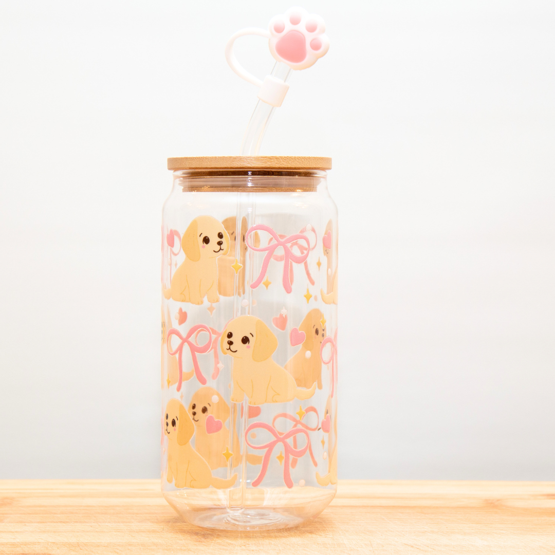 PUPPIES WITH PINK BOW Glass Can Cup