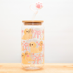 PUPPIES WITH PINK BOW Glass Can Cup