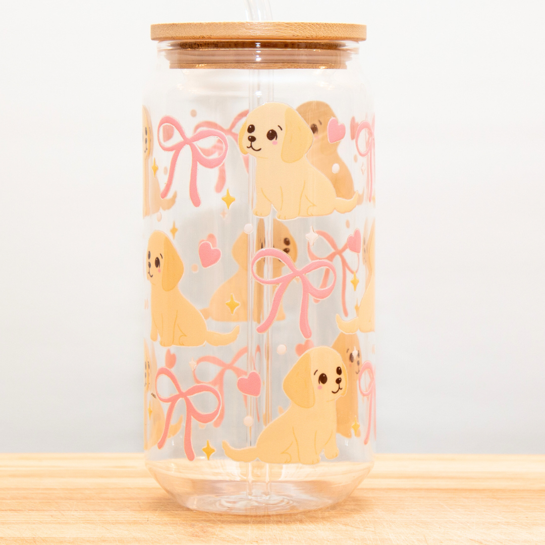 PUPPIES WITH PINK BOW Glass Can Cup