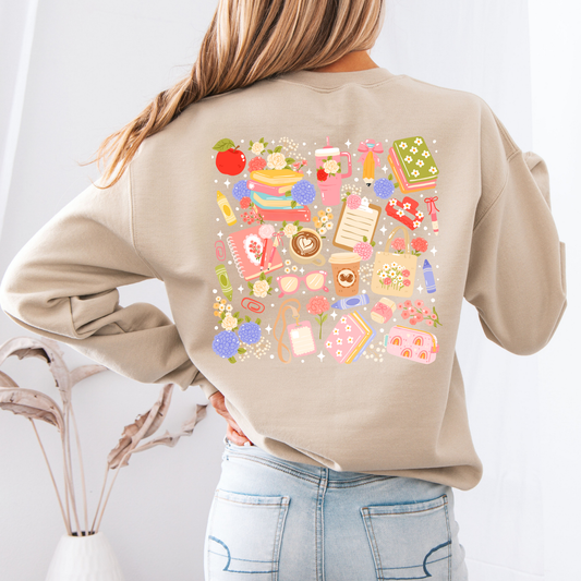 School-Themed Sweatshirt with Books, Flowers & Classroom Essentials | Cozy Wear for students and Teachers