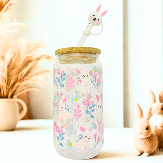 Double sided Spring Bunnies Blossom Glass Can with Bamboo Lid, Straw topper & Gift Box | 18oz Iced Coffee Cup | Eco-Friendly - Reusable | Gift for her