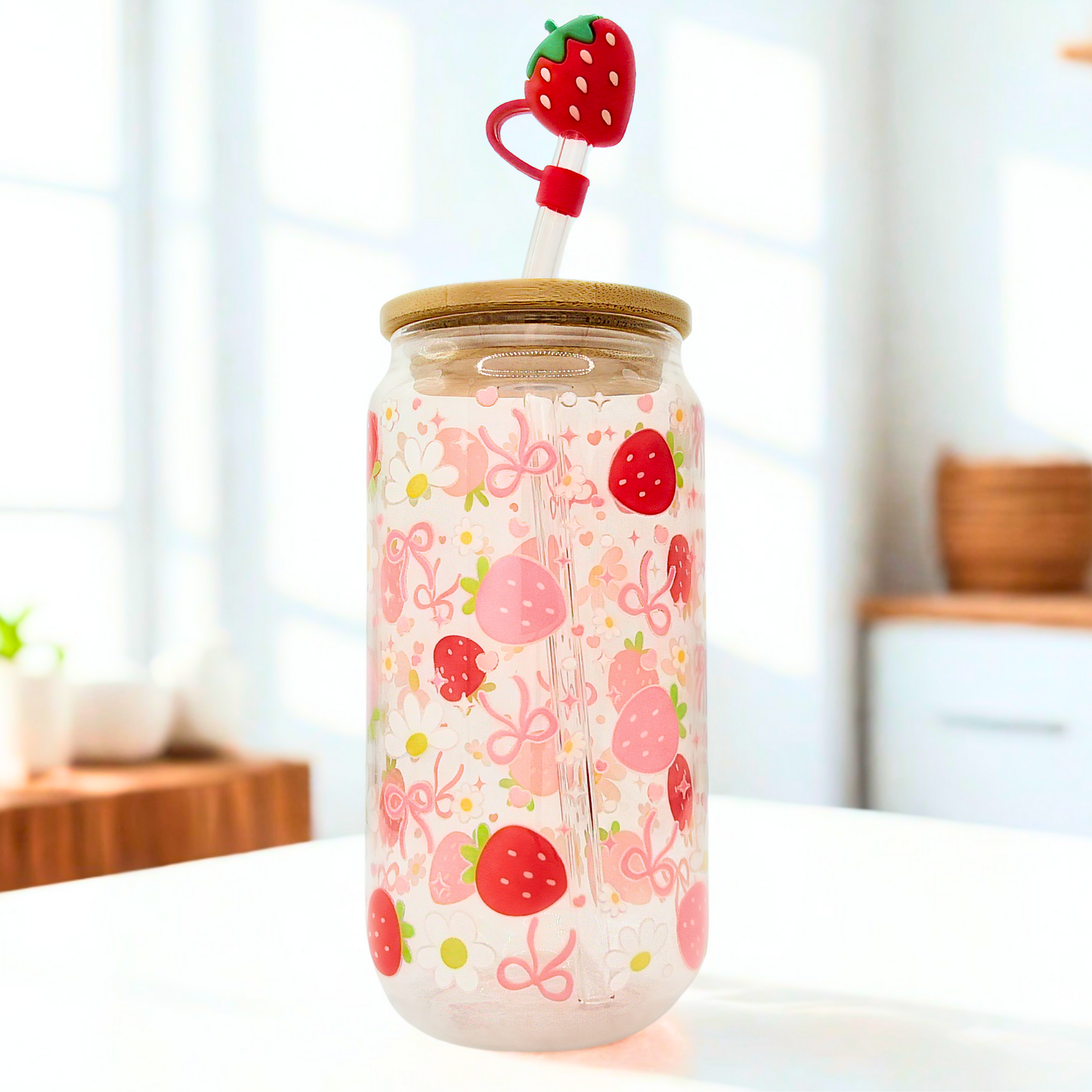 Double sided Strawberries Glass Can with Bamboo Lid, Straw topper & Gift Box | 18oz Iced Coffee Cup | Eco-Friendly - Reusable | Gift for her