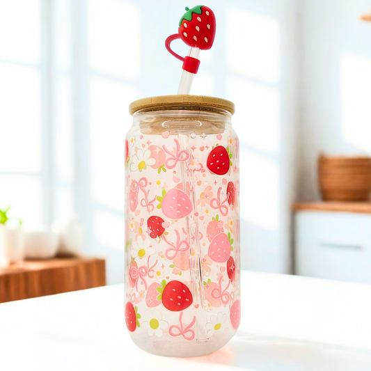 Double sided Strawberries Glass Can with Bamboo Lid, Straw topper & Gift Box | 18oz Iced Coffee Cup | Eco-Friendly - Reusable | Gift for her