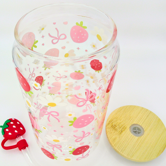 Double sided Strawberries Glass Can with Bamboo Lid, Straw topper & Gift Box | 18oz Iced Coffee Cup | Eco-Friendly - Reusable | Gift for her