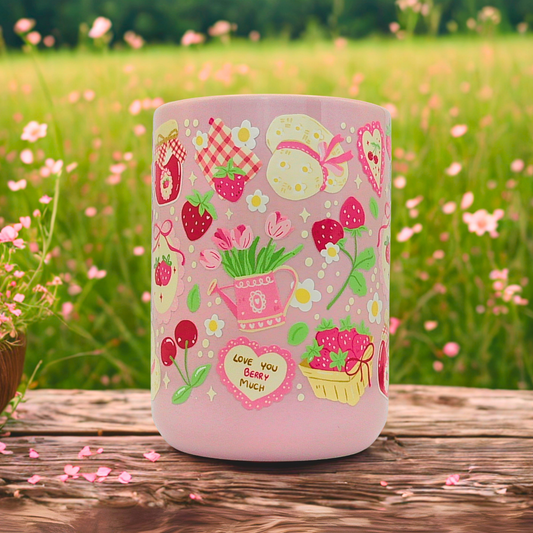 Cottagecore Strawberries Ceramic Mug with Gift Box | 15oz Ceramic Mug | Strawberries Cherries Jam Basket Floral Design | Gift for her