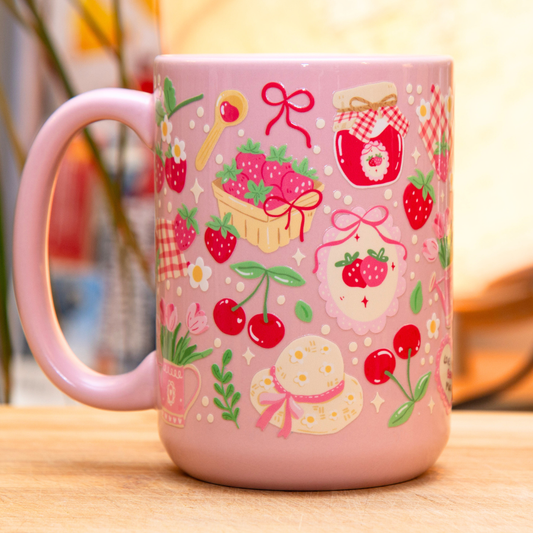 Cottagecore Strawberries Ceramic Mug with Gift Box | 15oz Ceramic Mug | Strawberries Cherries Jam Basket Floral Design | Gift for her