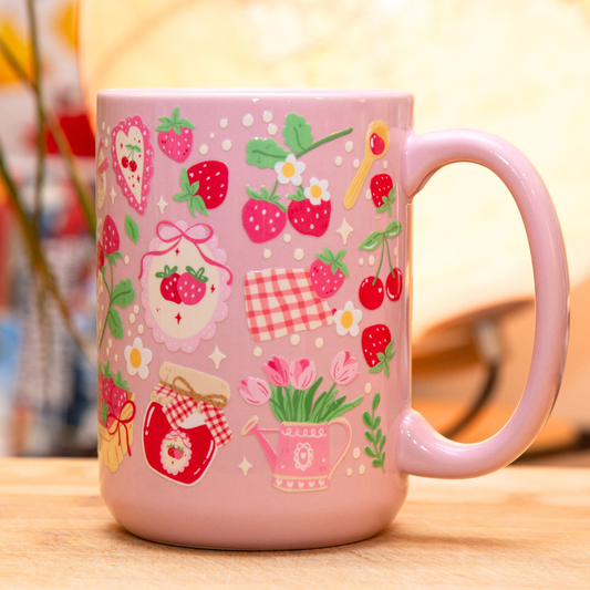 Cottagecore Strawberries Ceramic Mug with Gift Box | 15oz Ceramic Mug | Strawberries Cherries Jam Basket Floral Design | Gift for her