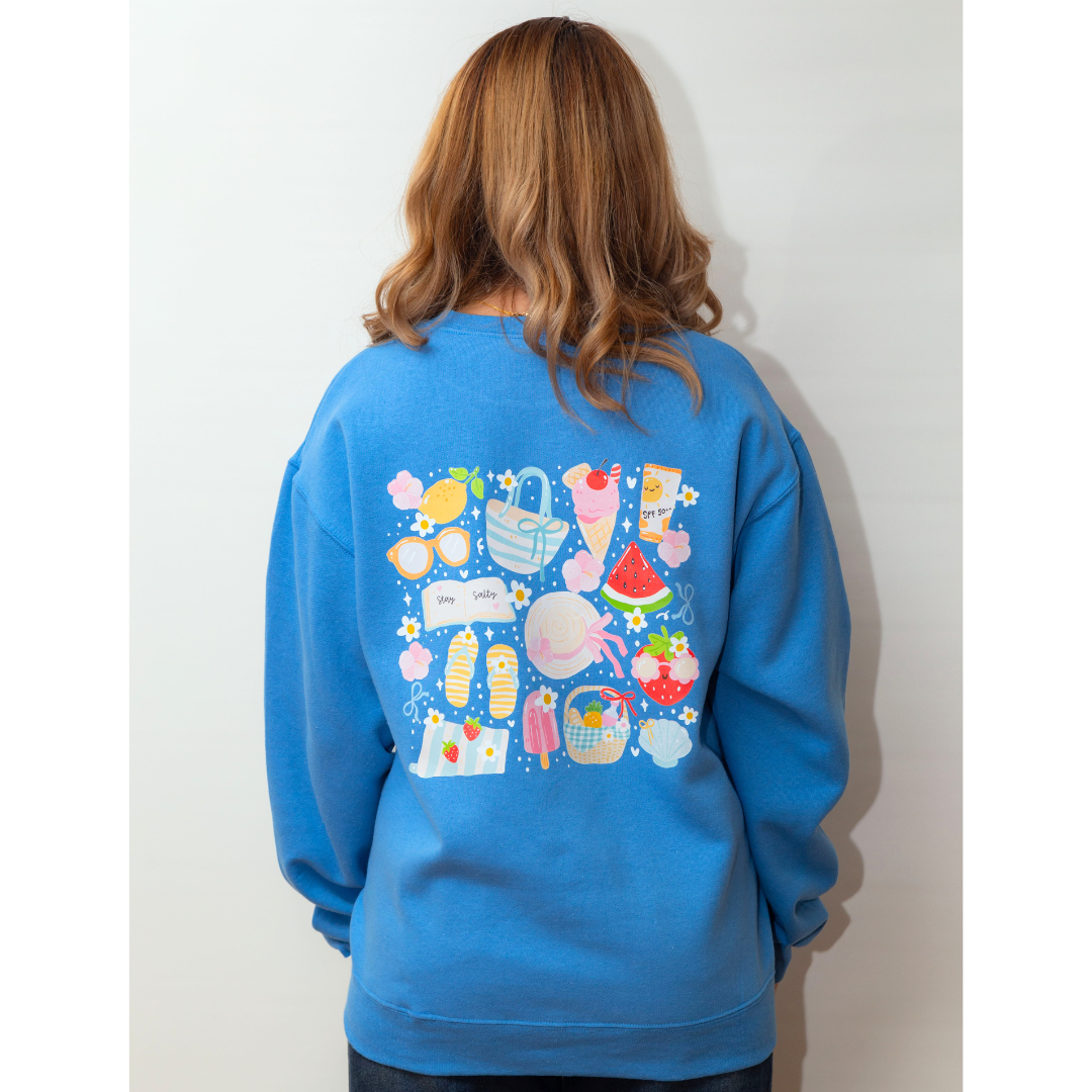 Blue Summer Sweatshirt: Cherries, Lemon, Beach themed Design