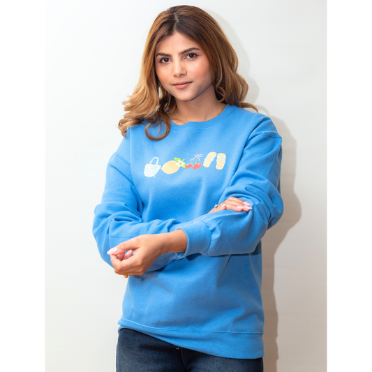 Blue Summer Sweatshirt: Cherries, Lemon, Beach themed Design