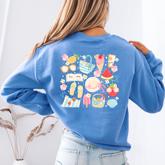 Blue Summer Sweatshirt: Cherries, Lemon, Beach themed Design