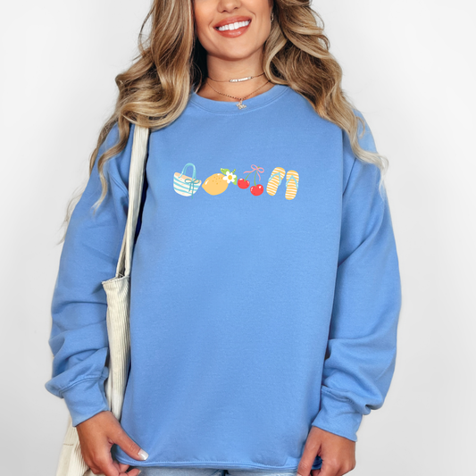 Blue Summer Sweatshirt: Cherries, Lemon, Beach themed Design