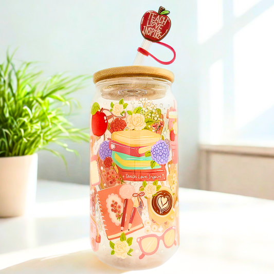 Teacher Glass Can with Bamboo Lid, Straw topper & Gift Box | 18oz Iced Coffee Cup | Eco-Friendly - Reusable | Gift for Teacher