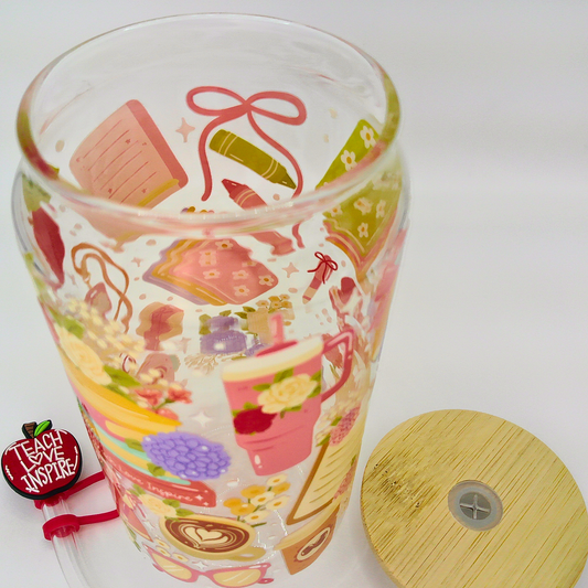 Teacher Glass Can with Bamboo Lid, Straw topper & Gift Box | 18oz Iced Coffee Cup | Eco-Friendly - Reusable | Gift for Teacher