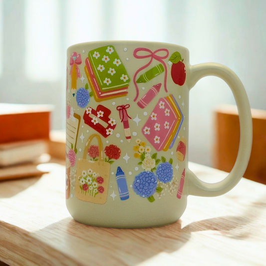 Teacher's Day Ceramic Mug with Gift Box | 15oz Ceramic Mug | Teach Love Inspire Teacher Desk Design | Gift for Teachers